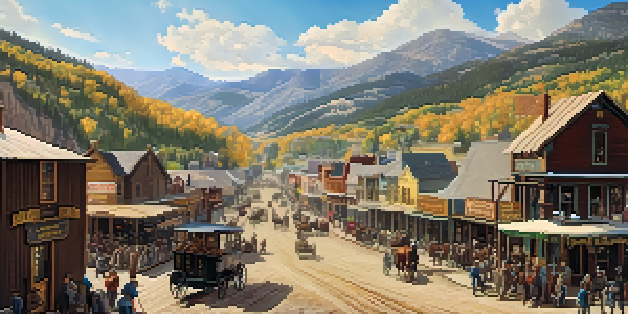 A vibrant 19th-century mining town in Colorado with wooden buildings, miners in period attire, and mountains in the background.
