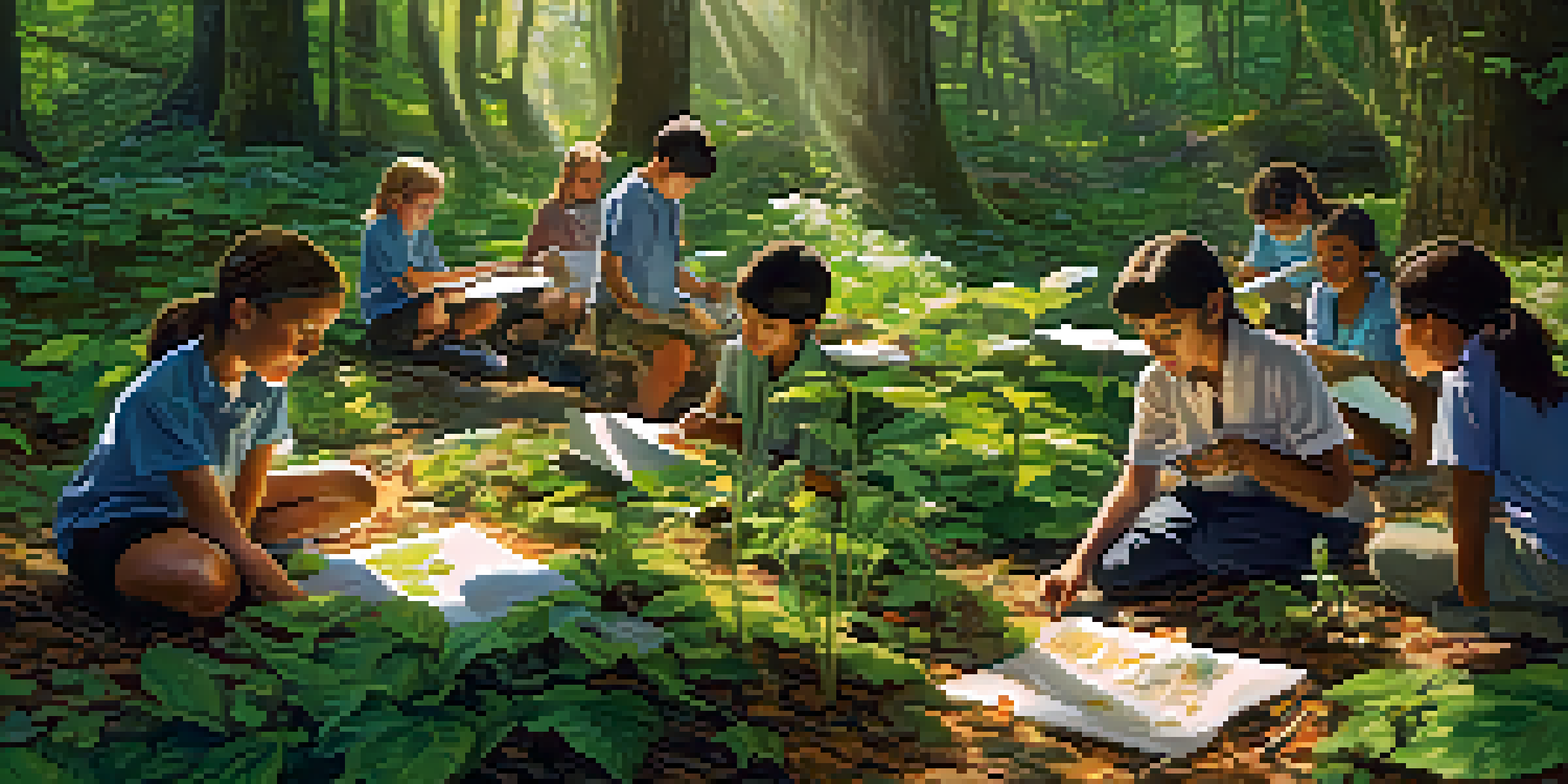 Students engaged in outdoor environmental science activities in a lush forest classroom, with sunlight filtering through the leaves.
