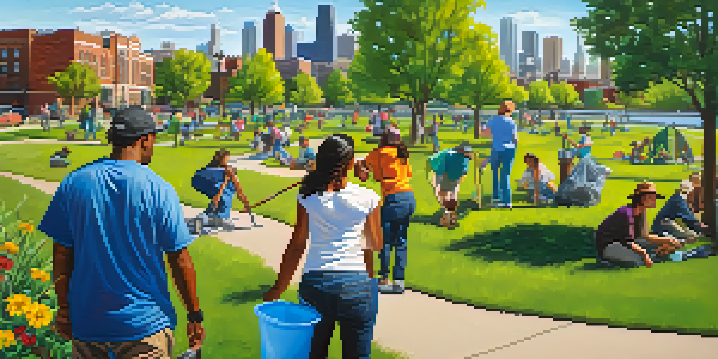 A diverse group of volunteers cleaning up an urban park in Colorado with the Denver skyline in the background.