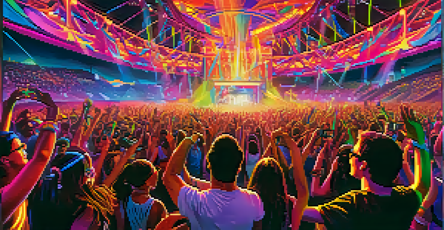 An EDM DJ performing at the Global Dance Festival in Denver with a vibrant light show and a dancing crowd.
