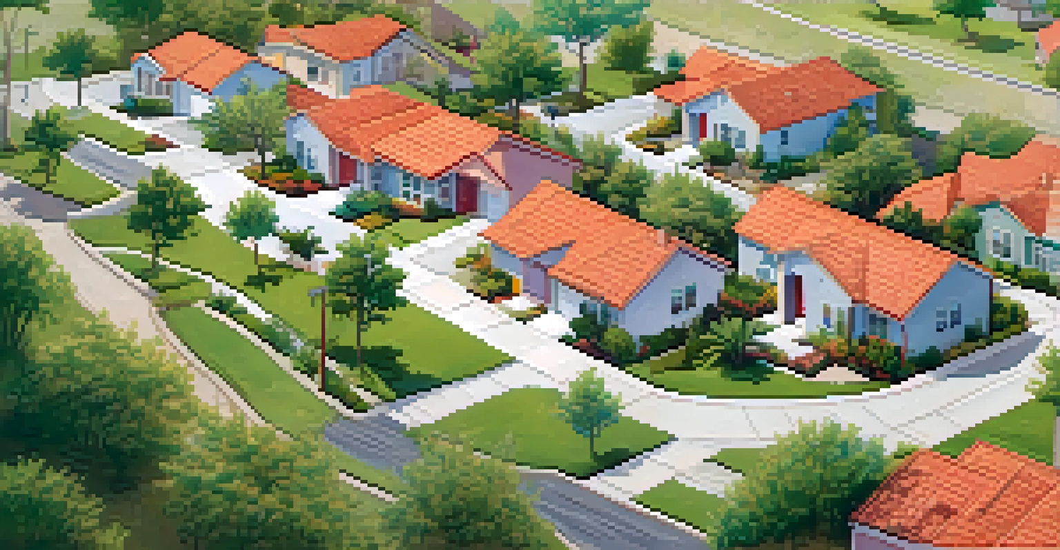 An aerial view of a neighborhood featuring fire-resistant landscaping and clear access roads, showcasing a prepared environment for wildfire safety.