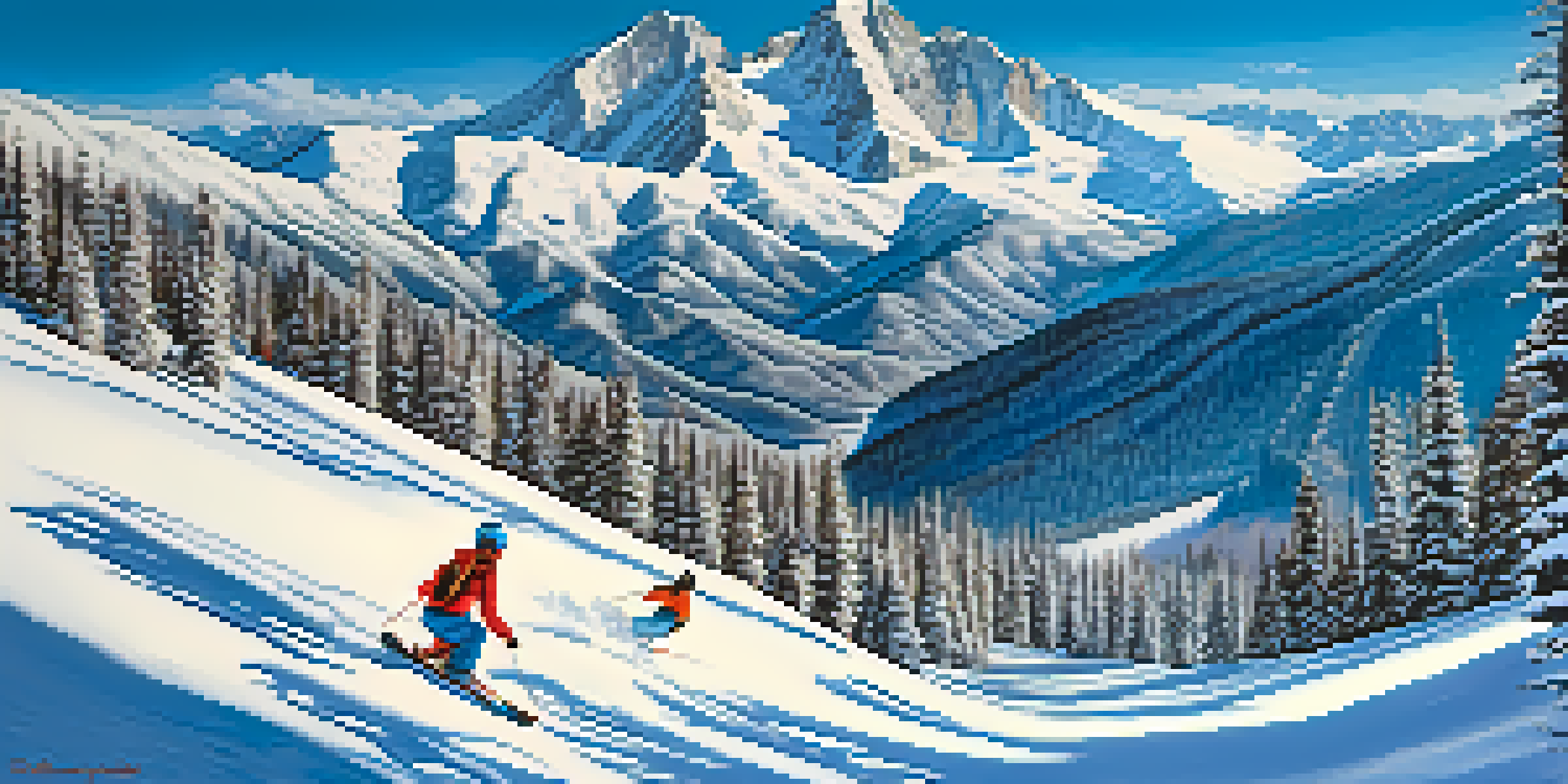 A scenic winter landscape of the Rocky Mountains with skiers and snowboarders enjoying the slopes.