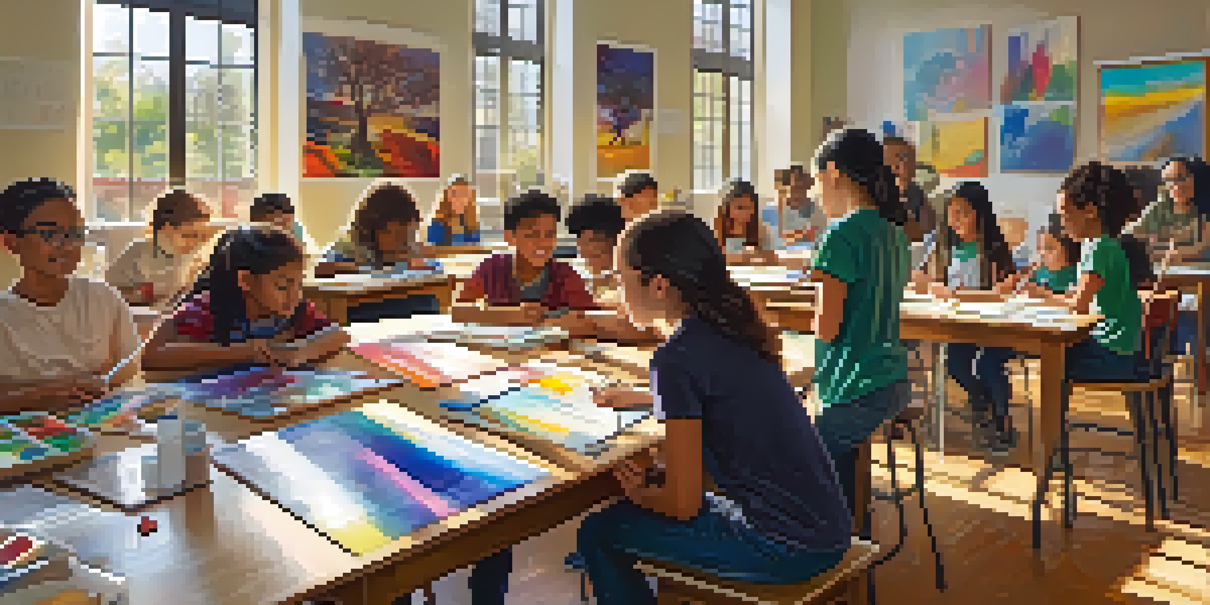 A diverse group of students creating art in a bright classroom, with a teacher providing support.