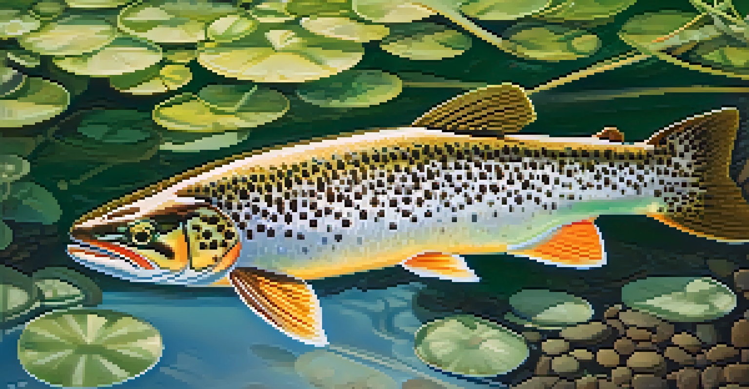 A close-up of a trout in a clear mountain stream, with sunlight creating patterns on the water's surface.