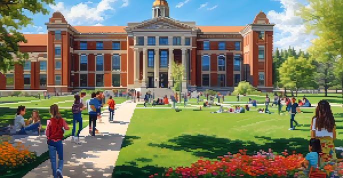 A lively college campus with students studying on the grass, historic buildings, and blooming flowers under a sunny sky.