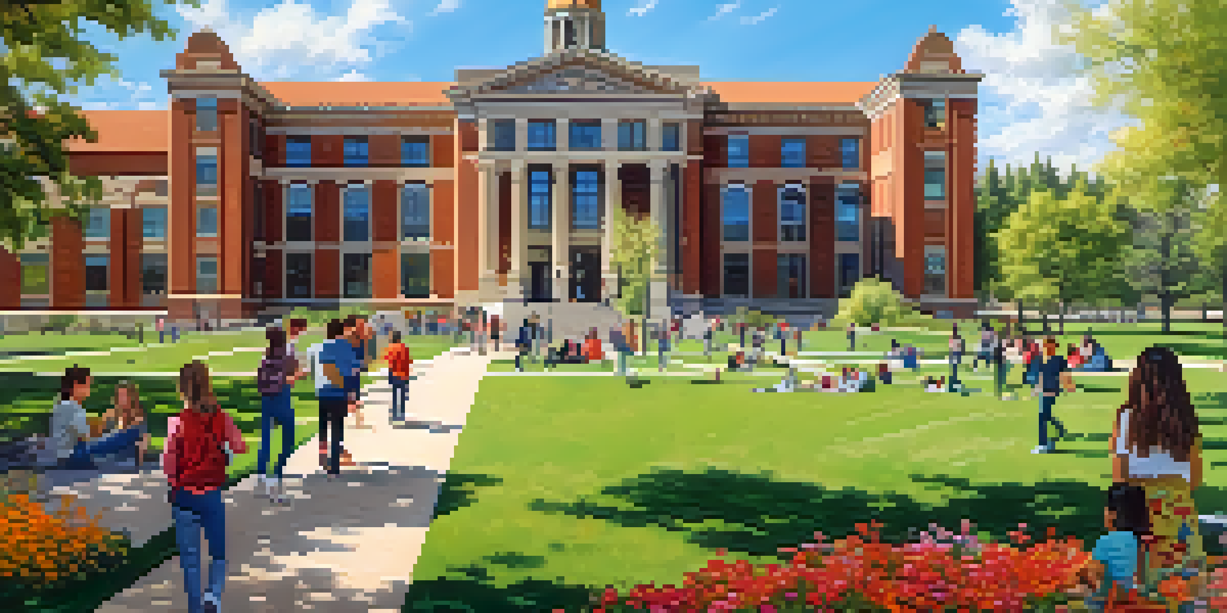 A lively college campus with students studying on the grass, historic buildings, and blooming flowers under a sunny sky.