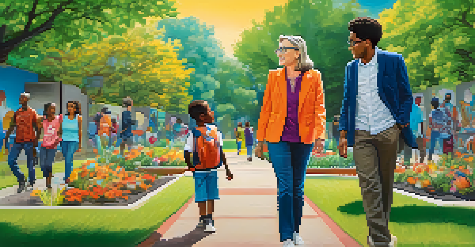 A mentor and a young leader walking in a community park, discussing ideas amidst colorful murals and gardens.