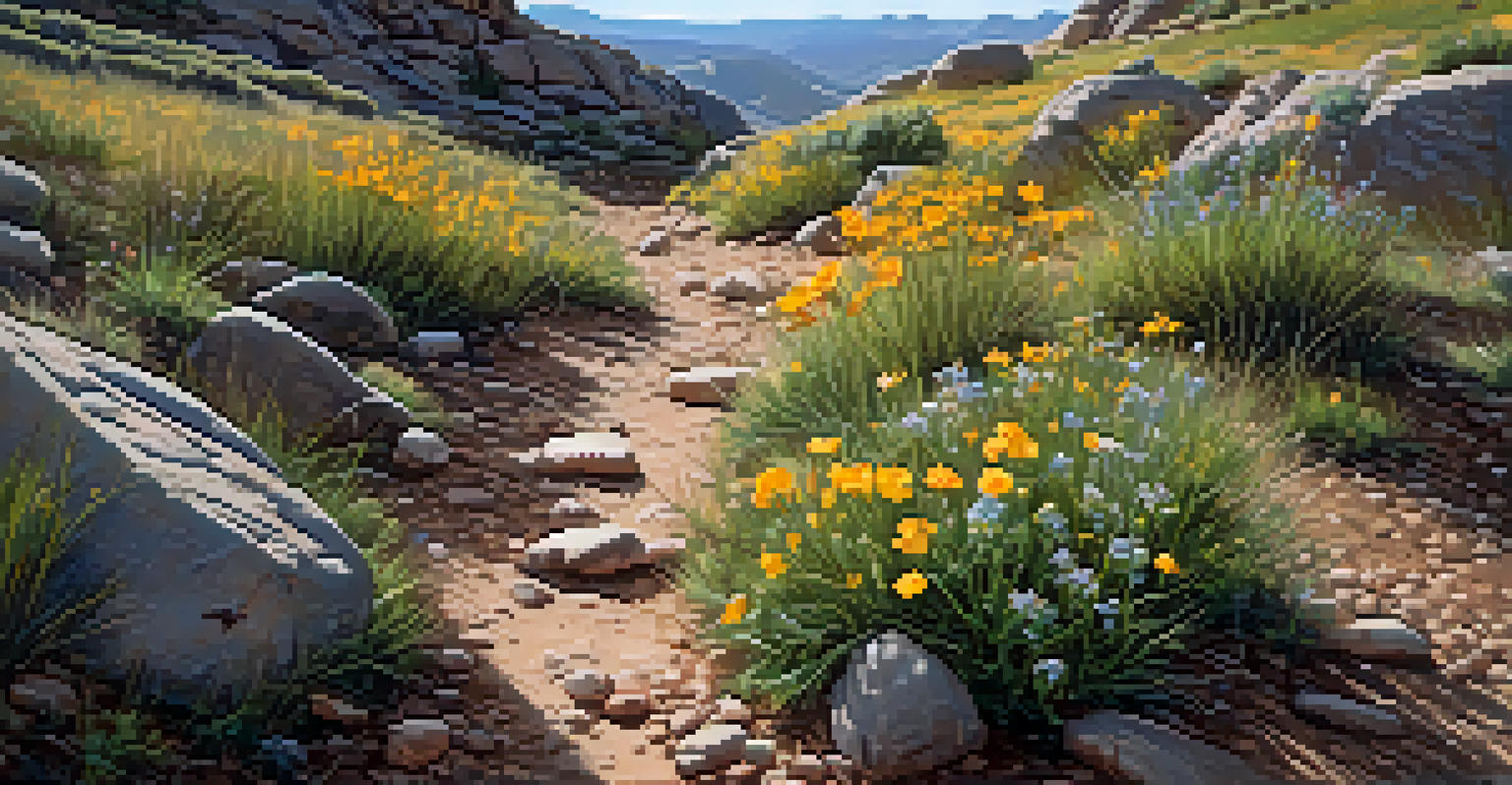 A detailed view of the Colorado Trail's rugged terrain with rocks, grass, and wildflowers, illuminated by sunlight.