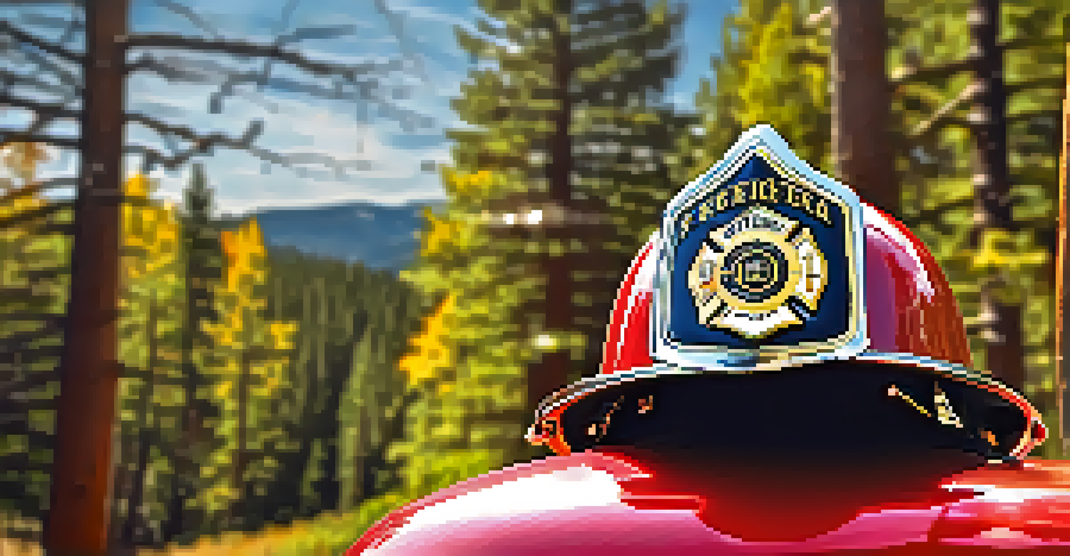 A firefighter's helmet on a fire truck with a Colorado forest in the background.