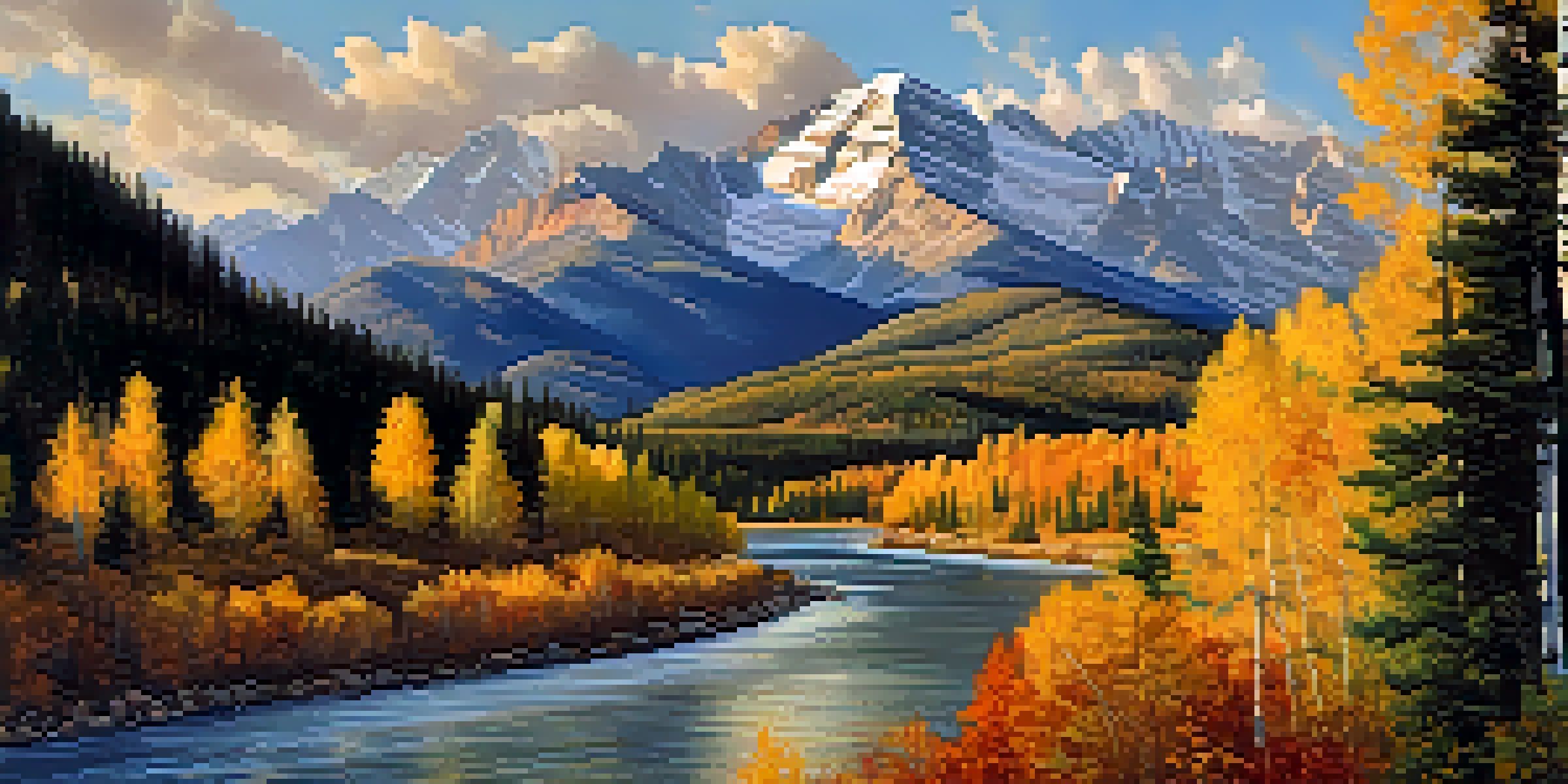 A scenic view of the Colorado Rockies in fall, featuring colorful trees and snow-capped mountains under a golden sunset.
