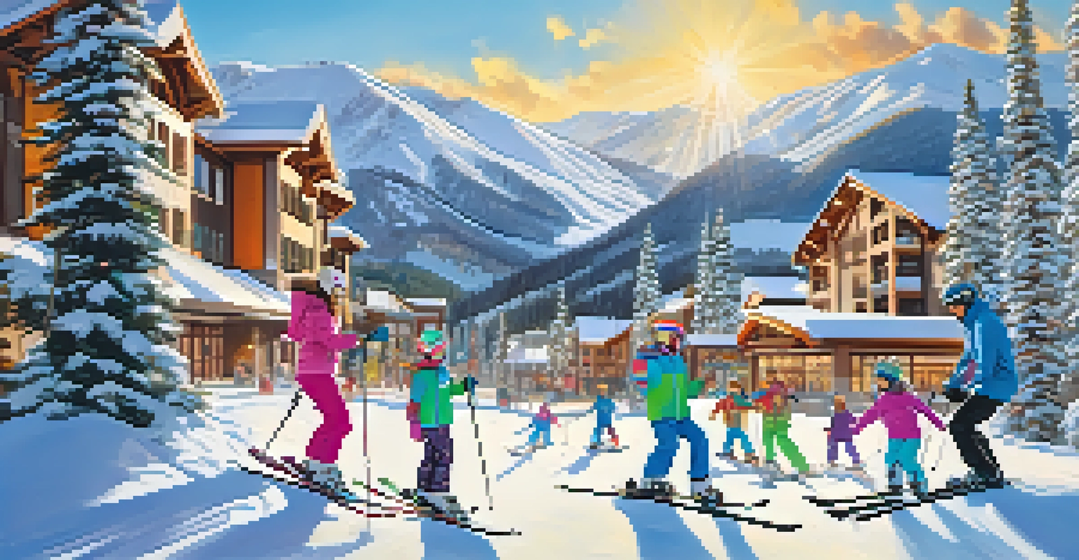 A family at Copper Mountain ski resort, with children learning to ski on gentle slopes.