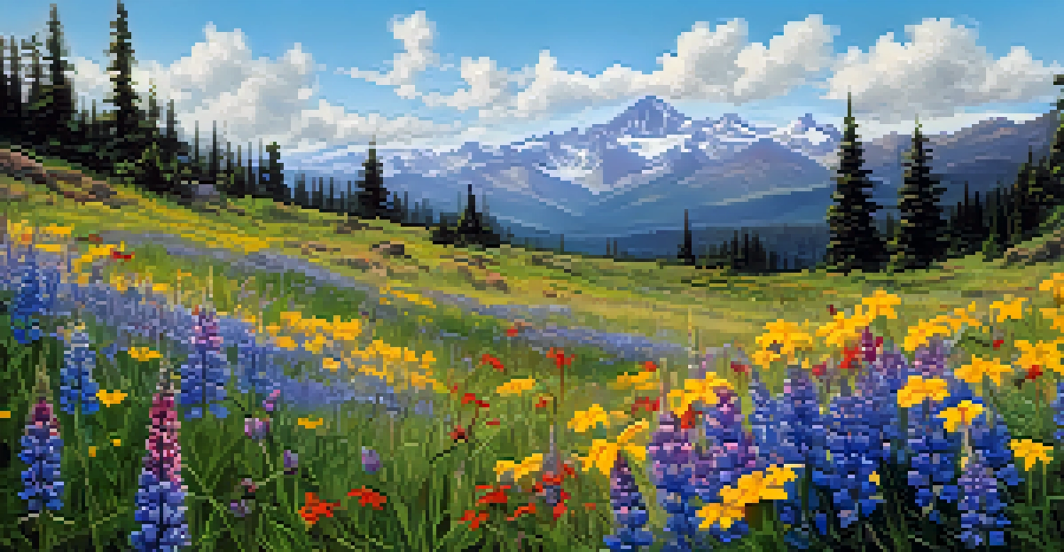 A colorful wildflower meadow in Colorado during spring, with mountains in the background and butterflies flying around.