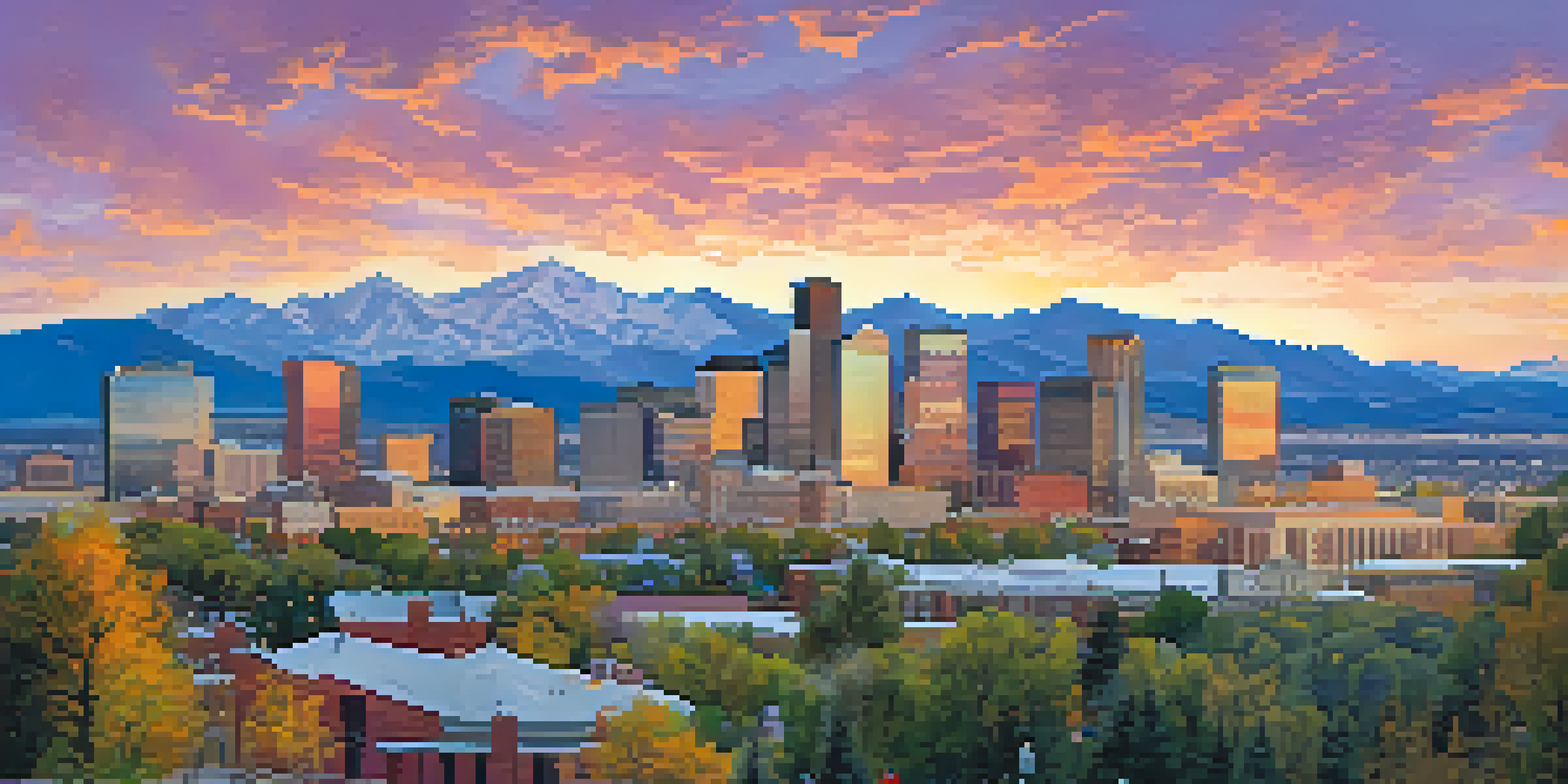 A scenic view of Denver's skyline with mountains in the background during sunset, featuring a park in the foreground filled with people.