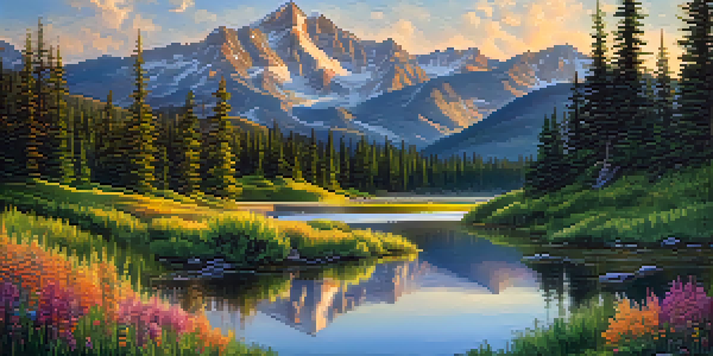 A scenic view of the Rocky Mountains at sunrise with a lake and hikers in the foreground.