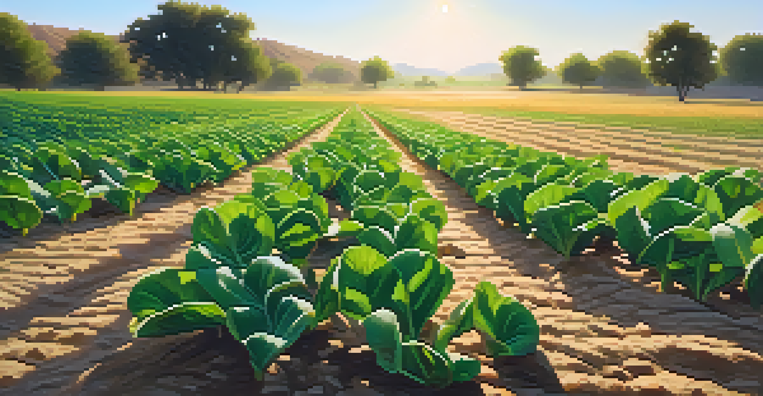 Close-up of drought-resistant crops with green leaves growing in dry soil under sunlight.