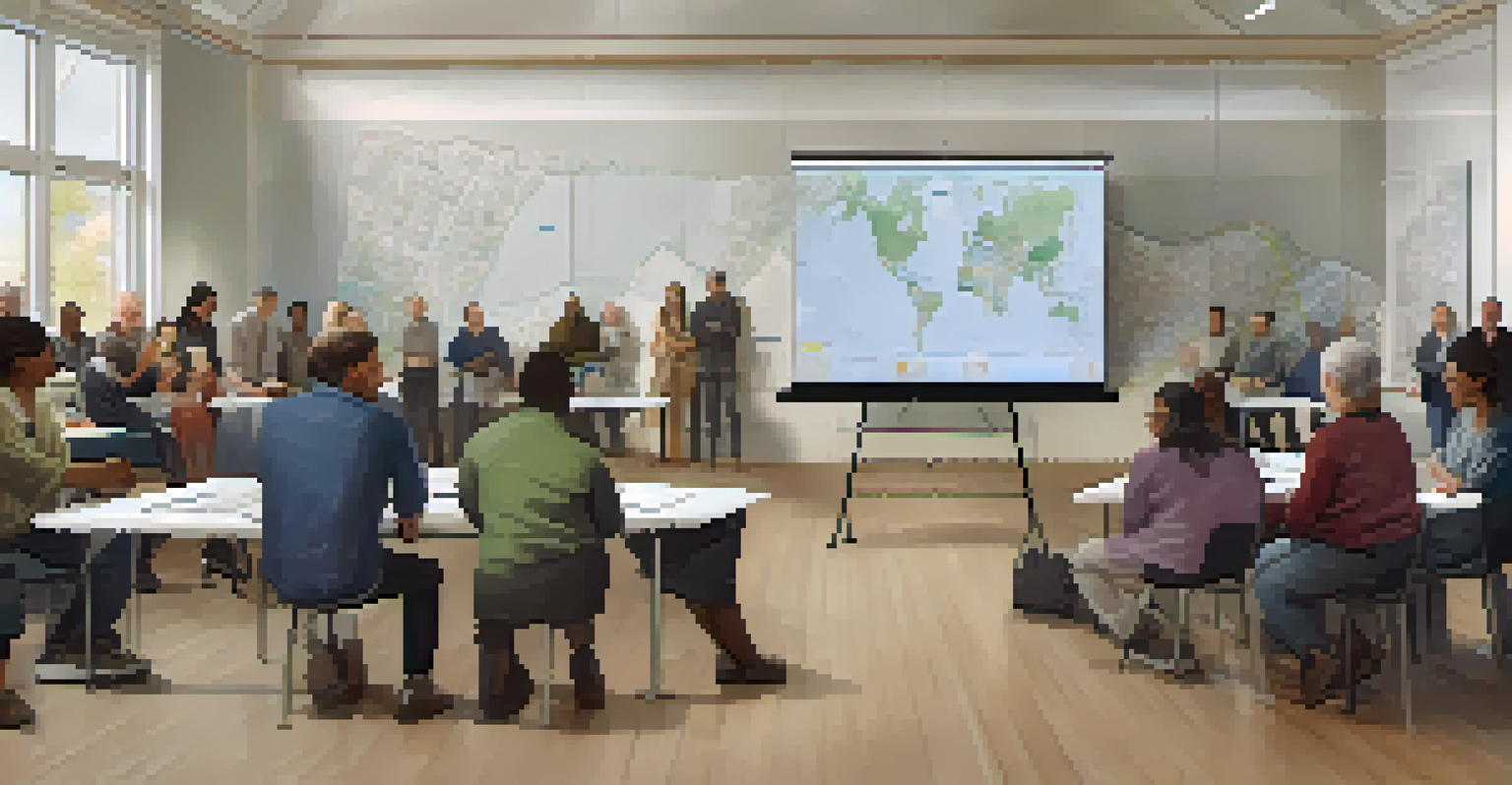 Community members gathered in a town hall meeting discussing land use planning with a map in the background, highlighting active participation.