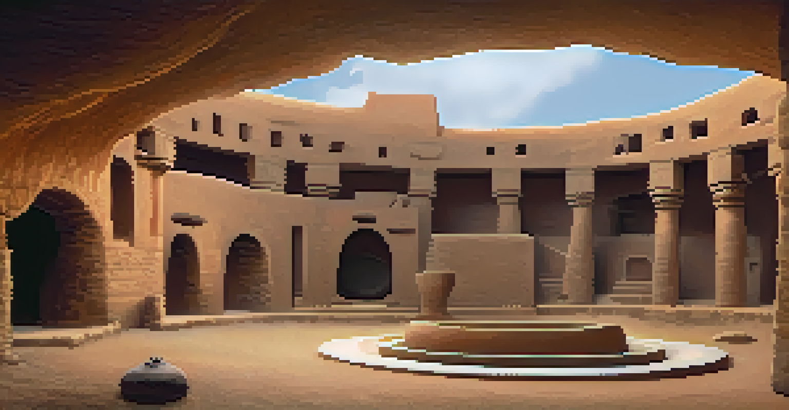 An interior view of a kiva in Cliff Palace, featuring traditional symbols, lighting, and artifacts.