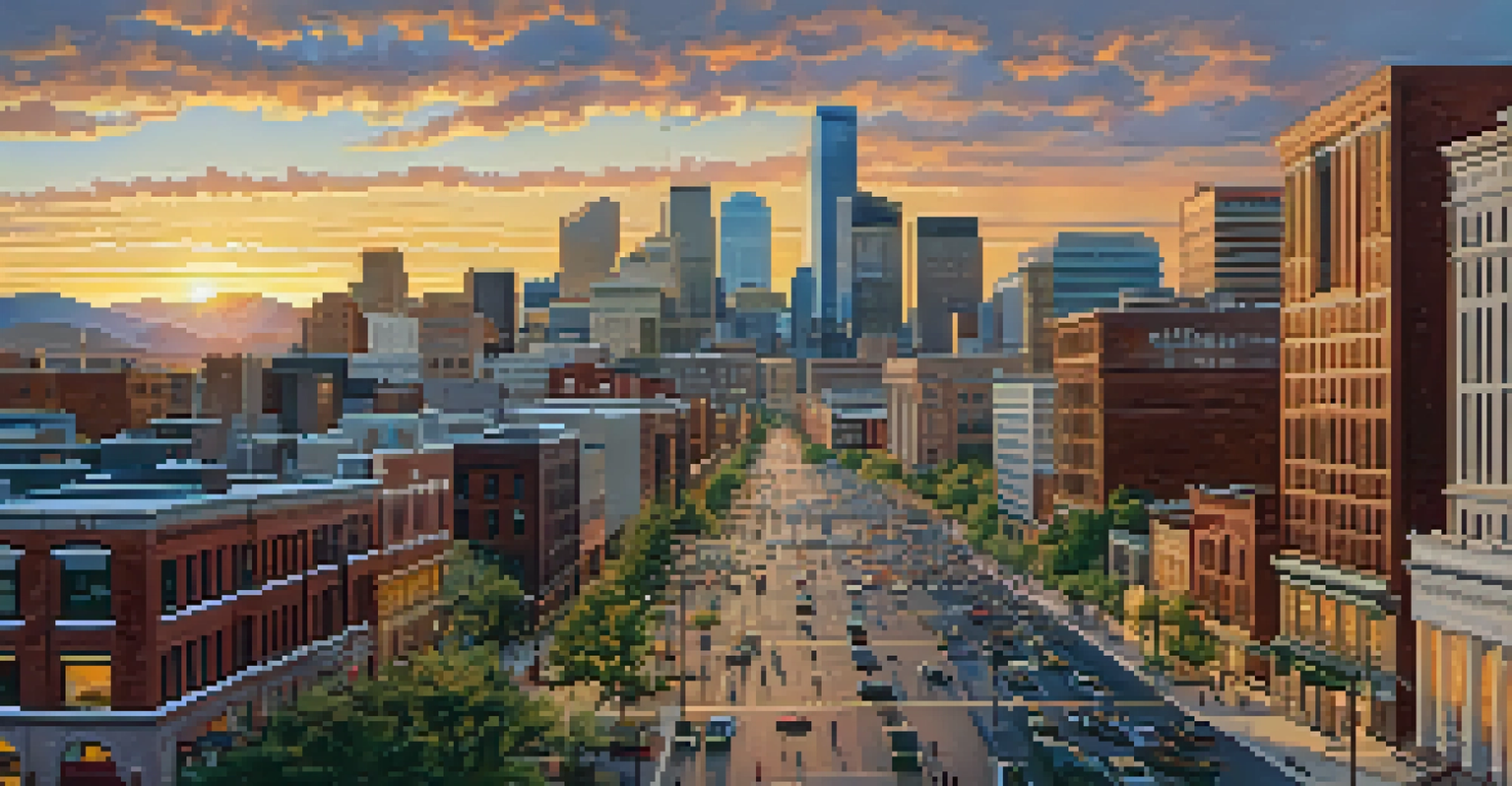 An aerial view of Denver, Colorado, showing a mix of modern and historic buildings, with busy streets and the Rocky Mountains at sunset.