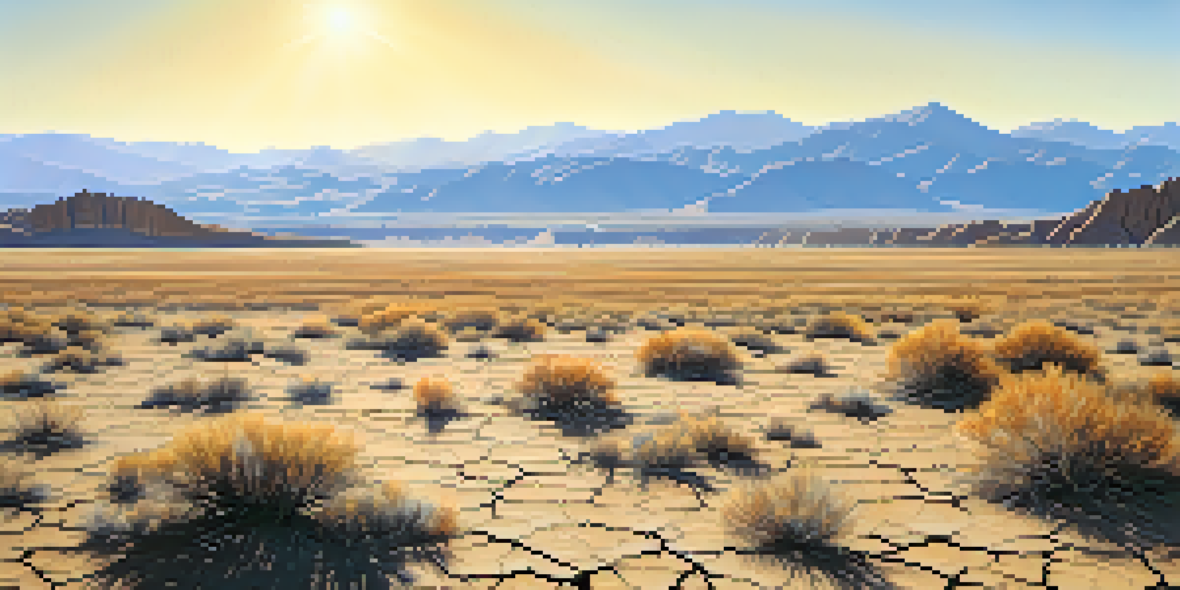 A wide view of a dry landscape in Colorado with cracked earth and minimal vegetation, under a clear blue sky.