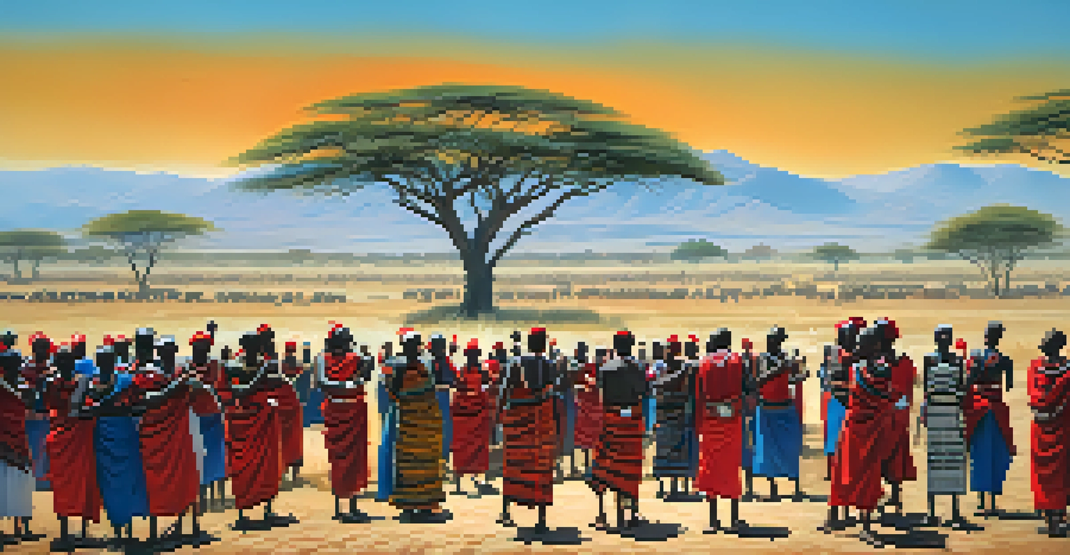 A Maasai community gathering, showcasing traditional dances and handicrafts against an African landscape.