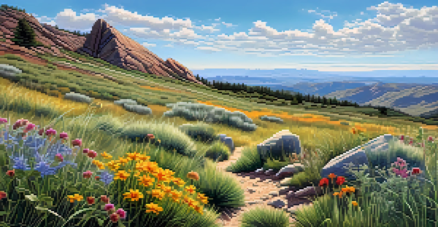 A close-up view of a Colorado microhabitat with various plants, wildflowers, and rocky terrain under a clear blue sky.