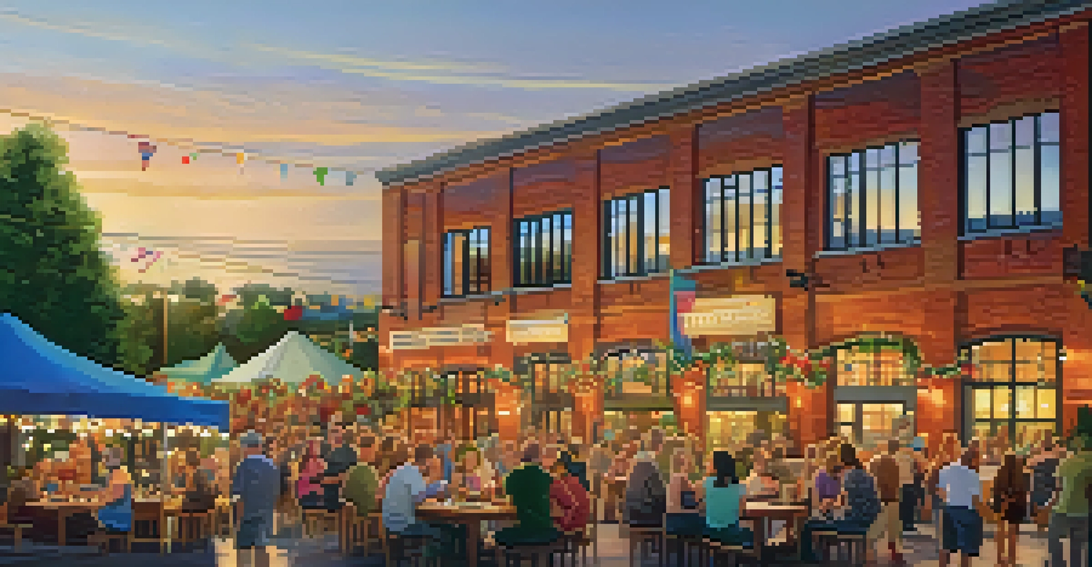 A lively community event at a craft brewery with people tasting beers, enjoying food, and listening to live music in a festive environment.