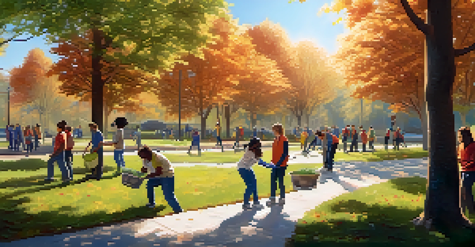 Students engaged in a community service project, planting trees in a park under warm sunlight, showcasing teamwork and enthusiasm.