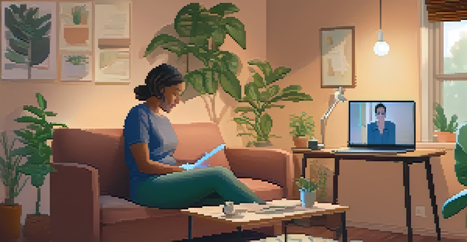 A person at home participating in a telehealth session with a mental health professional, in a cozy and inviting setting.
