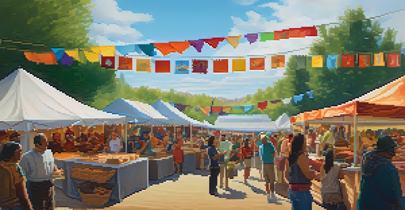 A lively food festival scene with various stalls featuring Native American cuisine, showcasing attendees enjoying traditional dishes like fry bread.