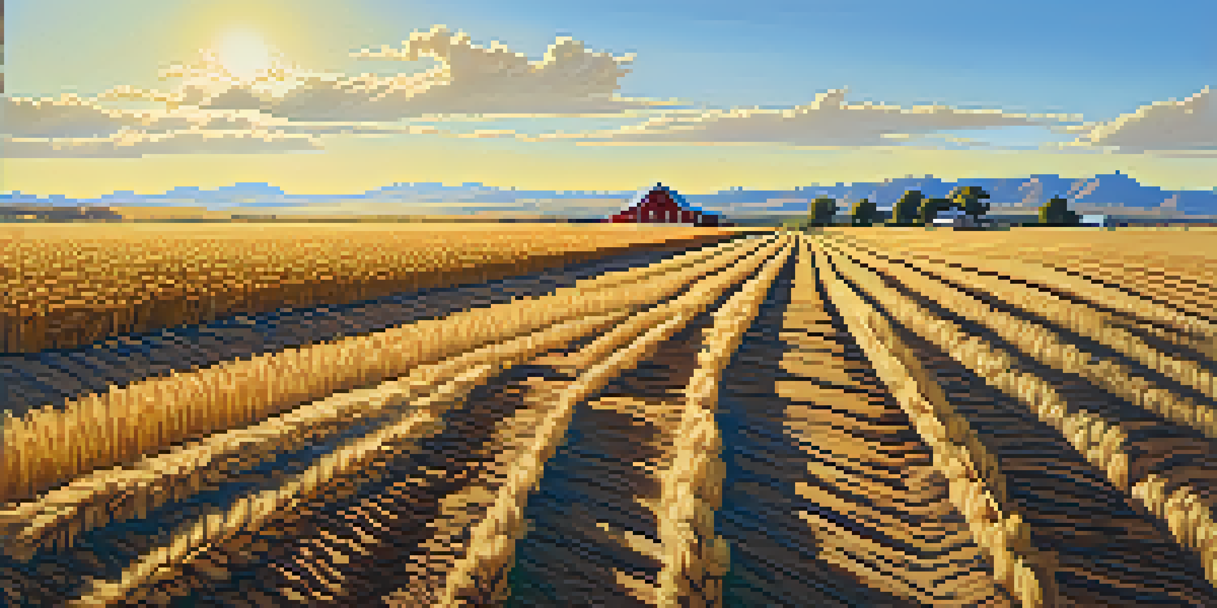 A dry Colorado farm landscape with cracked soil and golden wheat fields under a clear blue sky.