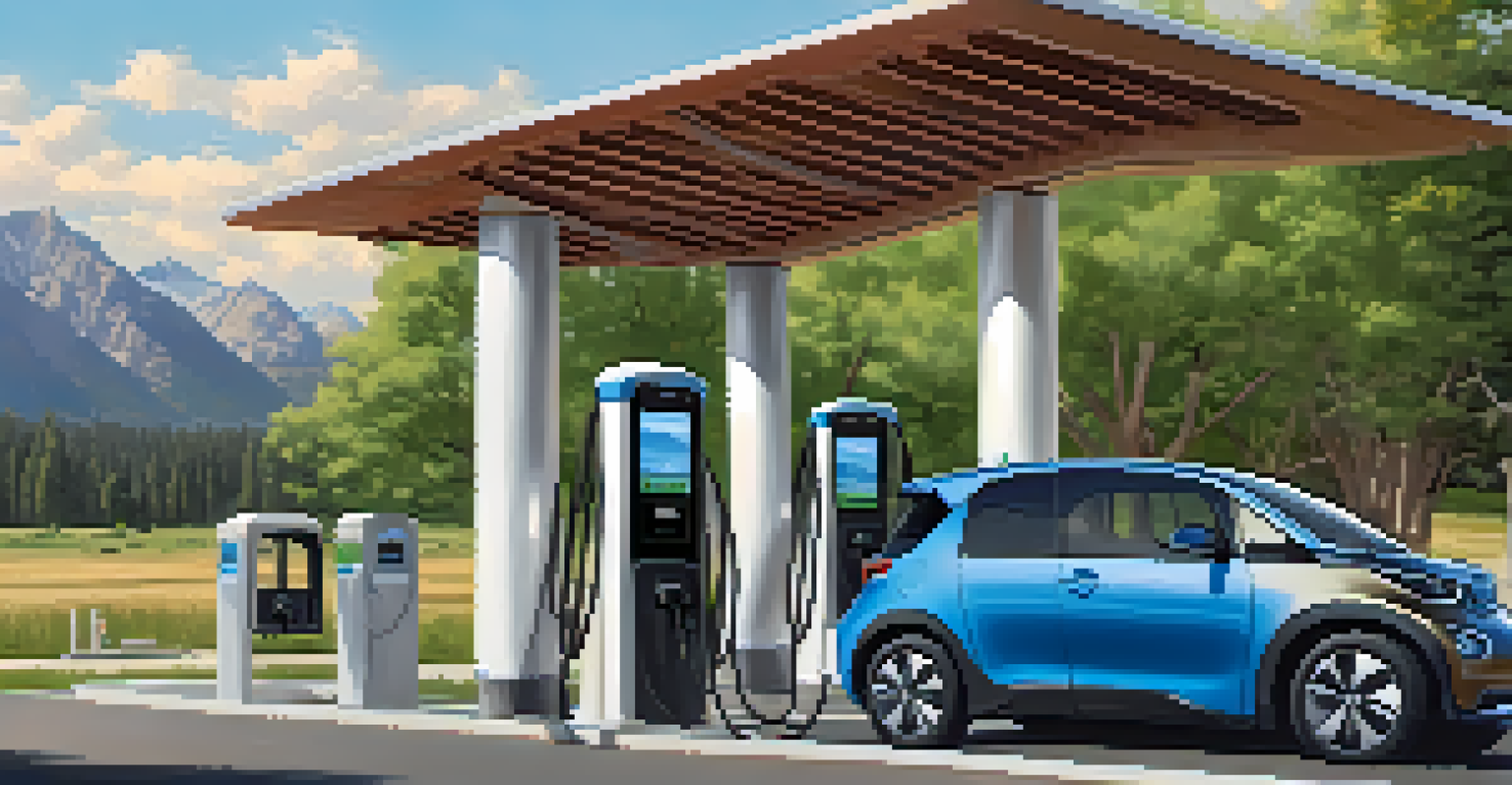 An electric vehicle charging station in Colorado with a family charging their car and mountains in the background.