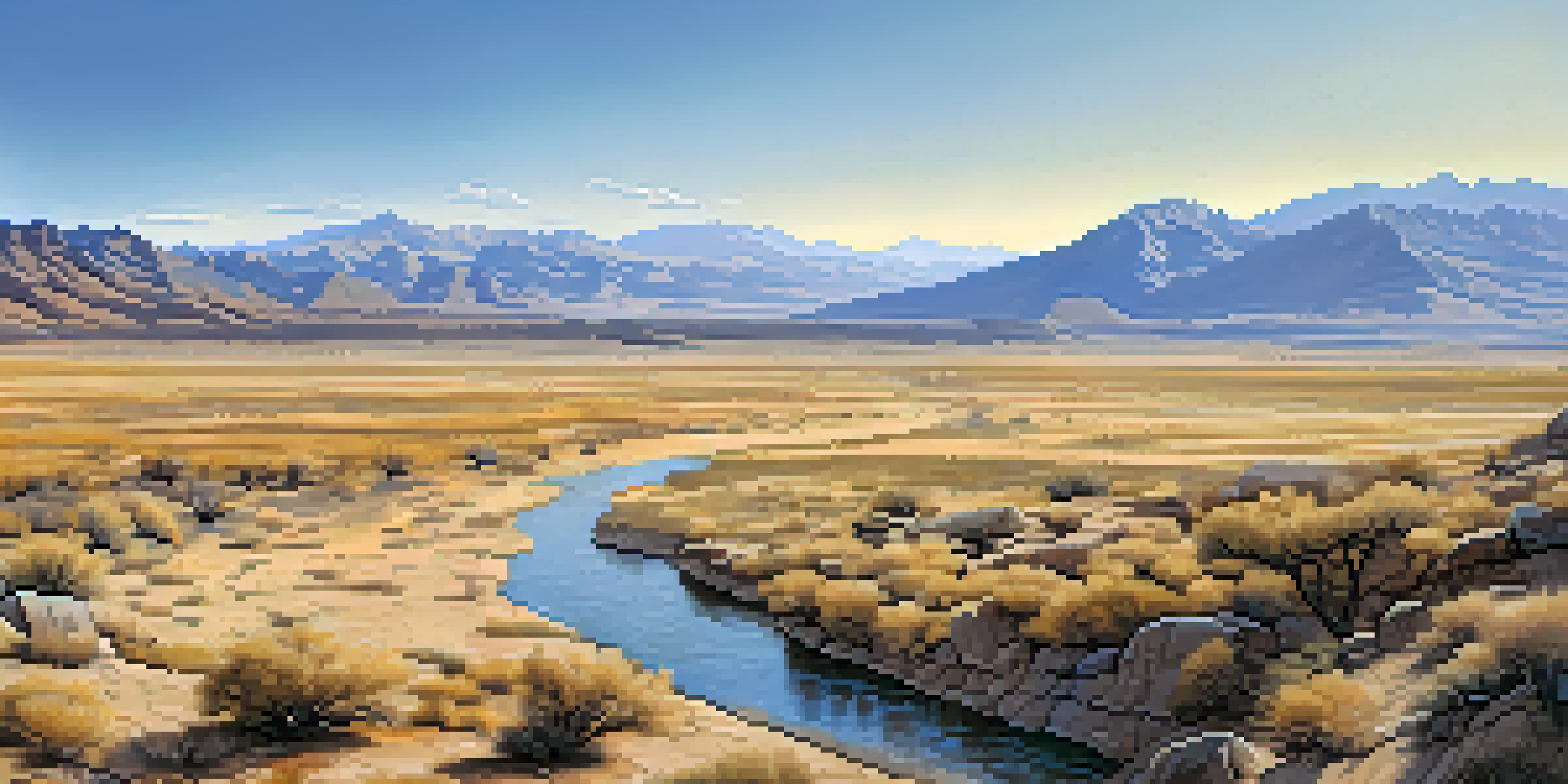 A wide view of a dry Colorado landscape, showing cracked soil and a distant mountain range under a clear sky, with a dried riverbed in the foreground.