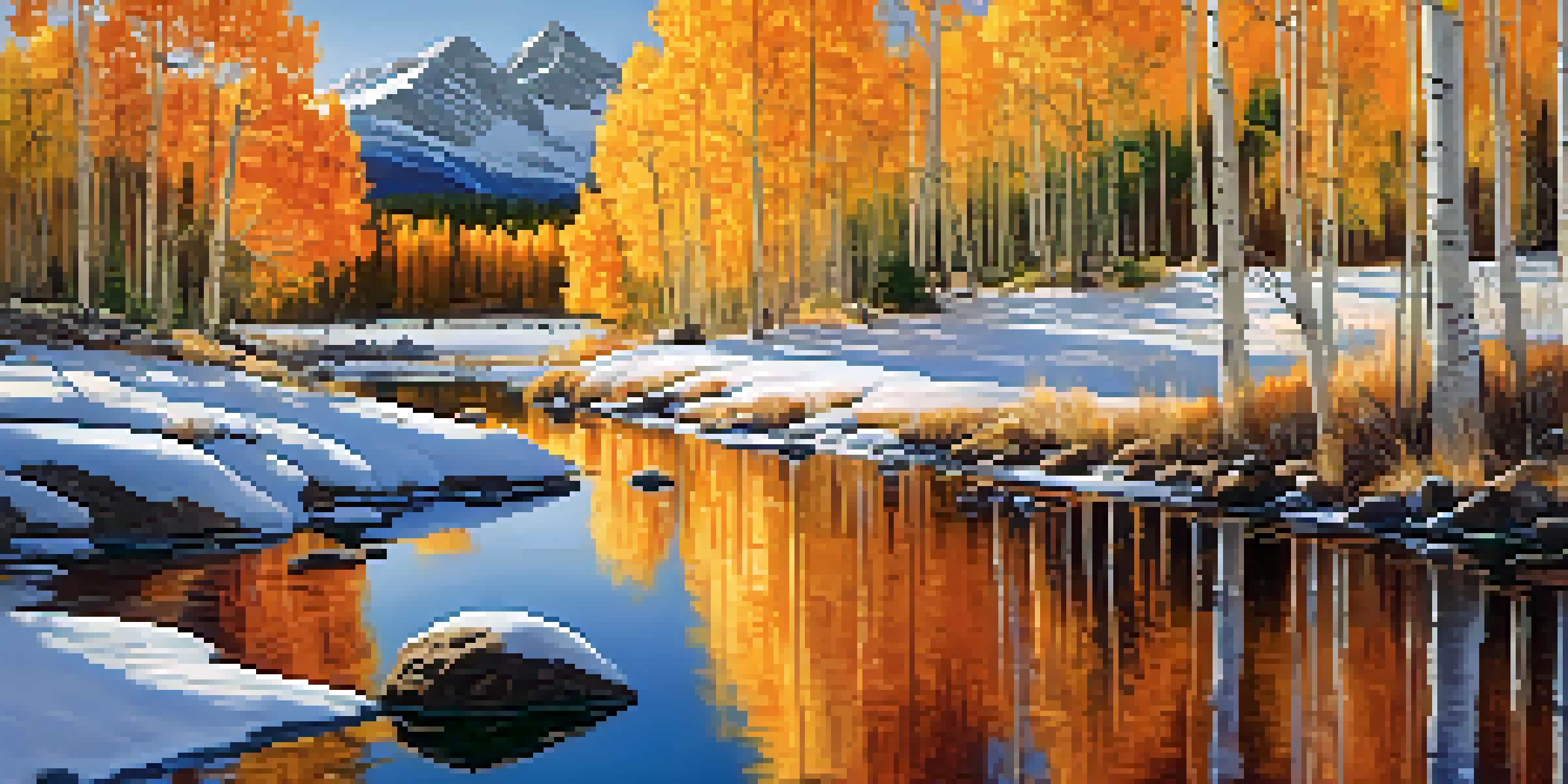 A beautiful autumn landscape in Colorado featuring colorful aspen trees and snow-capped mountains under a clear blue sky.