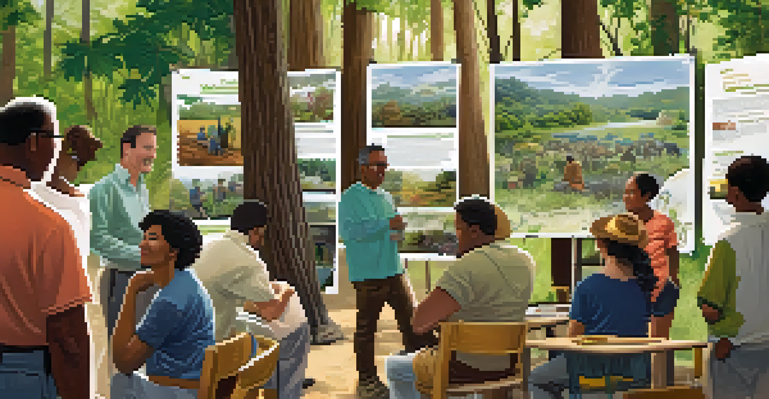 Local residents participating in a community workshop about wildlife corridor preservation, with posters and a natural setting of trees and plants.