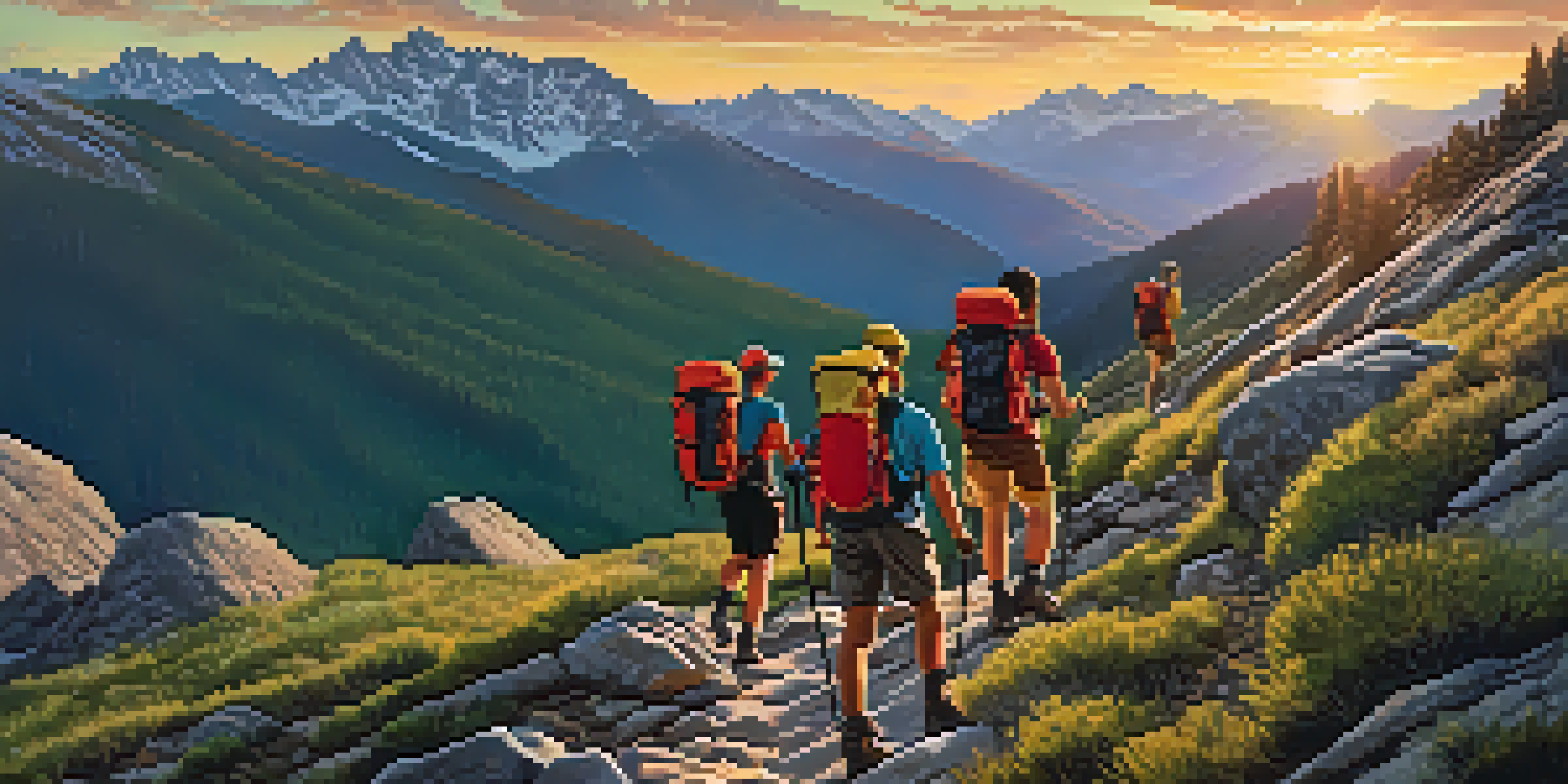 A group of hikers climbing a rocky trail in the Rocky Mountains during sunset, with colorful gear and a beautiful landscape.