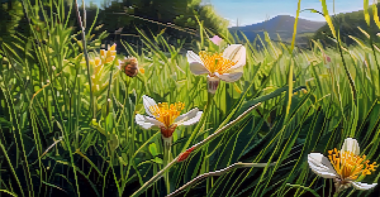 A close-up view of a colorful wildflower native to Colorado, surrounded by green grass and illuminated by soft sunlight.