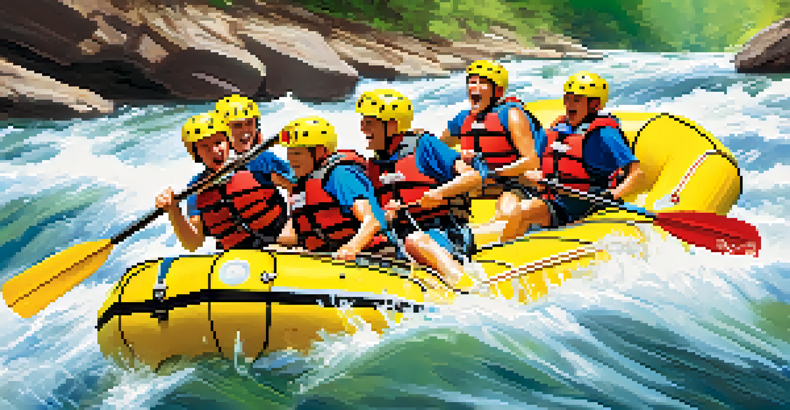 A group of rafters navigating through rapids on the Arkansas River, surrounded by steep canyon walls and splashing water.
