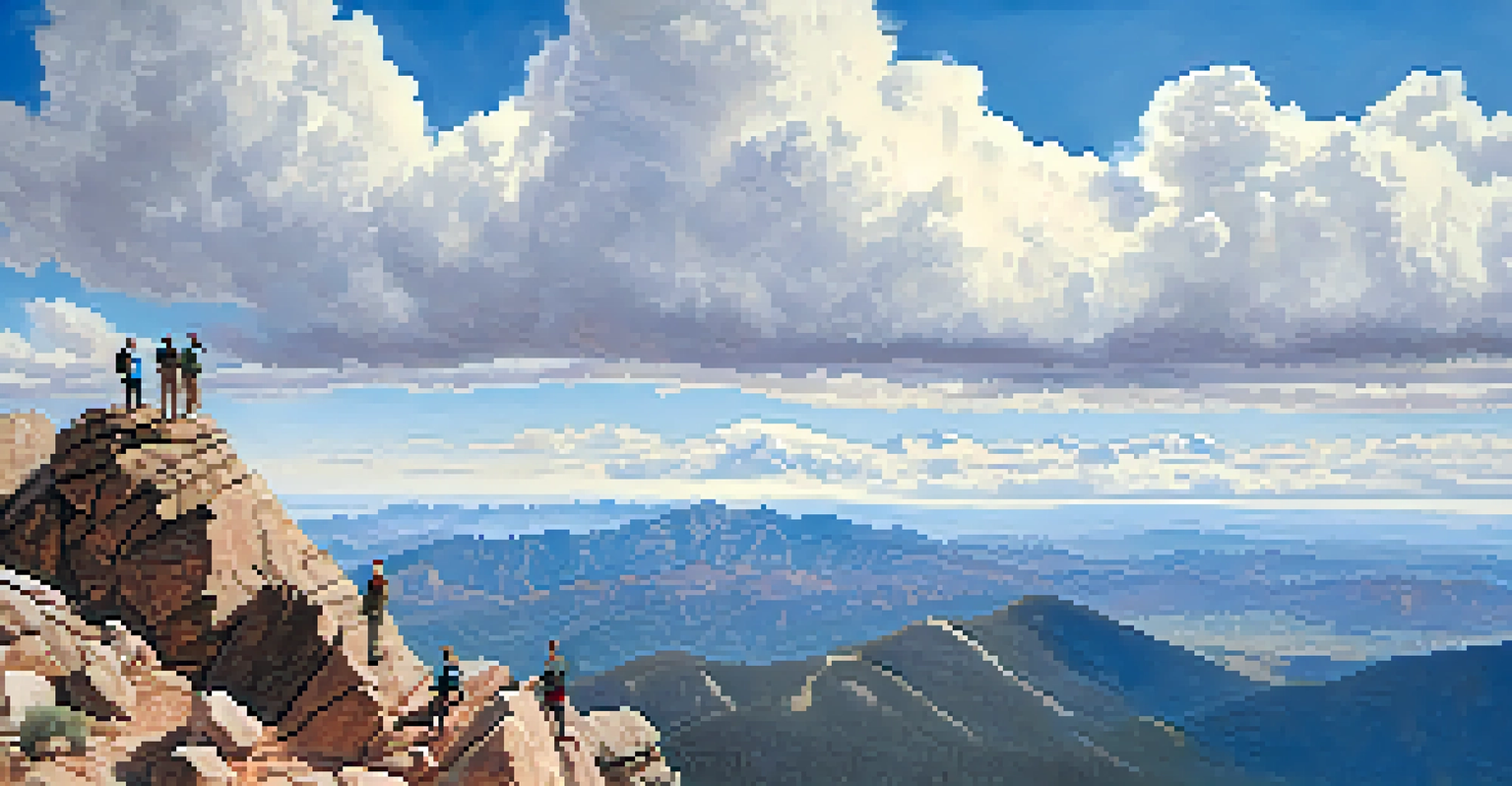 Hikers celebrate at the summit of Pikes Peak, surrounded by a panoramic view of mountains and valleys under a clear blue sky.