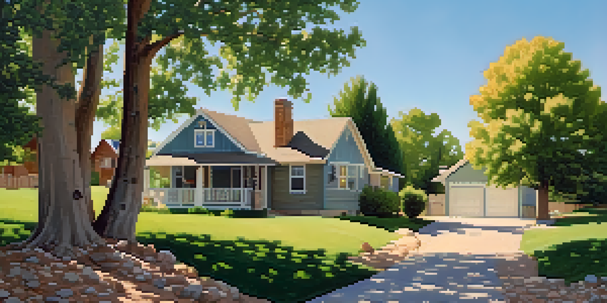 A peaceful view of a home in Colorado with a defensible space, featuring trimmed greenery and a clear sky.