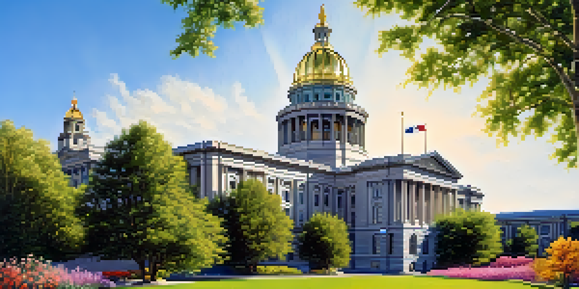 A clear view of the Colorado State Capitol building with a gold dome, surrounded by green trees and flowers on a sunny day.