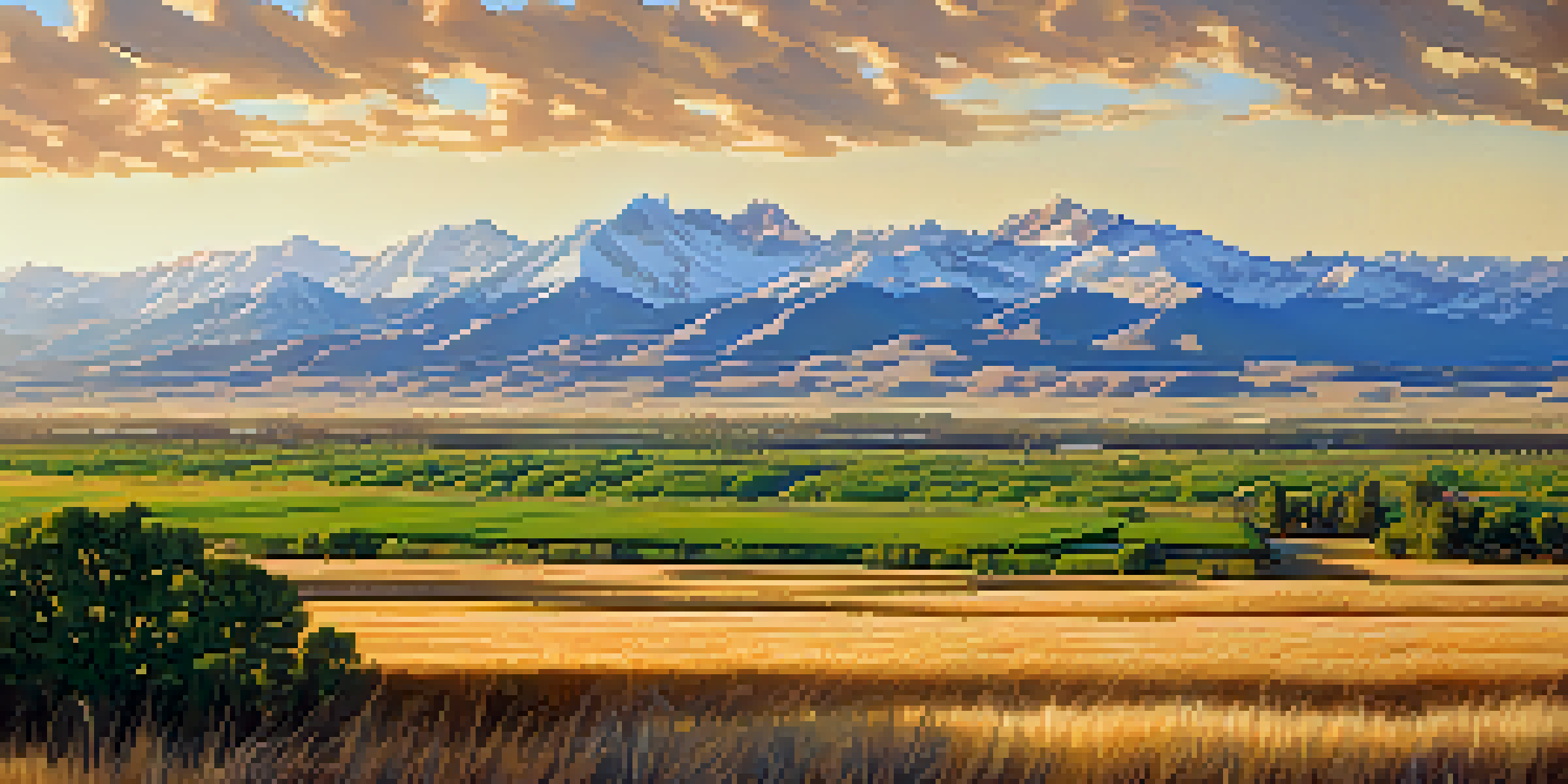 A wide view of Colorado showcasing arid plains, green fields, and snowy mountains under a blue sky with golden sunlight.