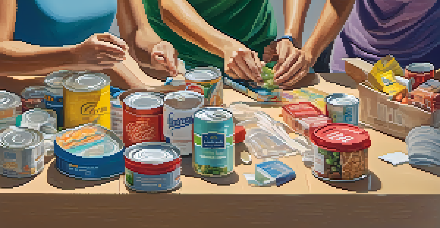 Close-up of diverse hands assembling care packages for a local shelter, filled with various essential items.