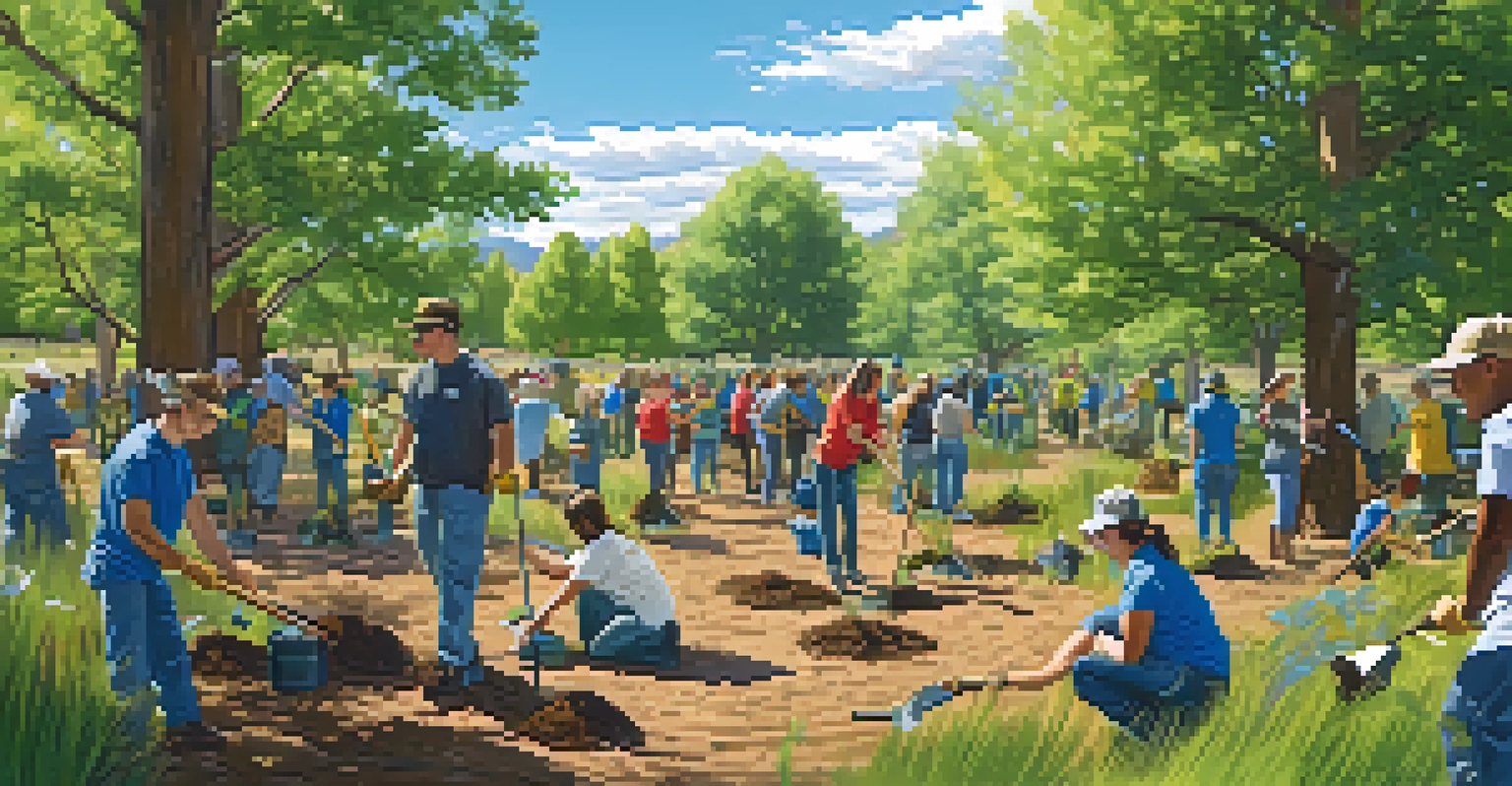 Community volunteers participating in a habitat restoration project in a Colorado park, with trees and greenery around.