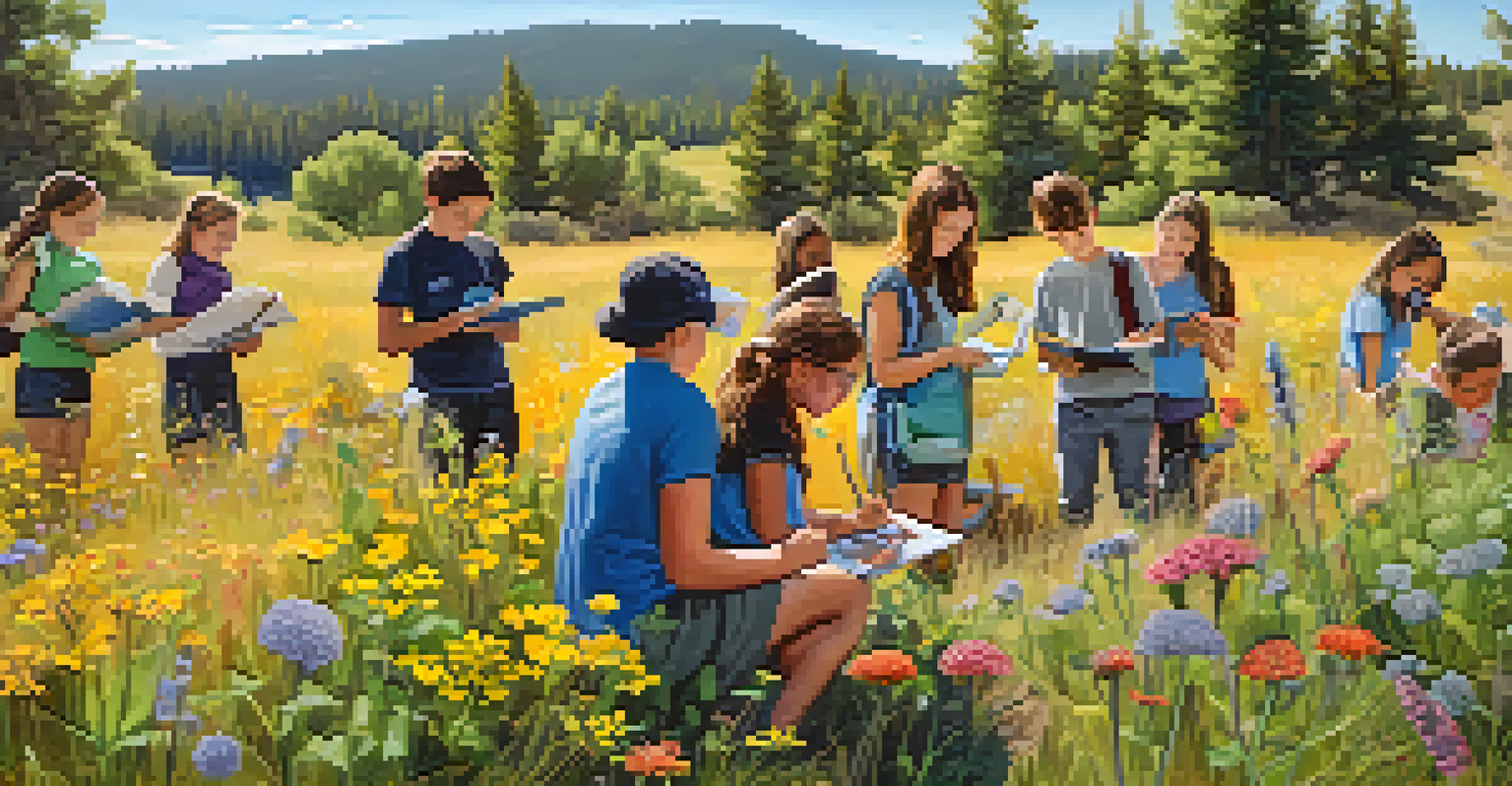 Students examining plants and flowers in a park during an outdoor science lesson.