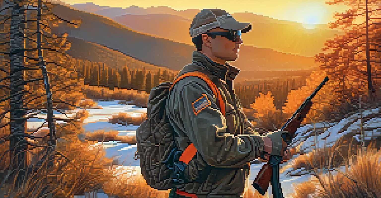 A close-up of a hunter in blaze orange clothing handling a firearm safely in the Colorado wilderness at sunset.