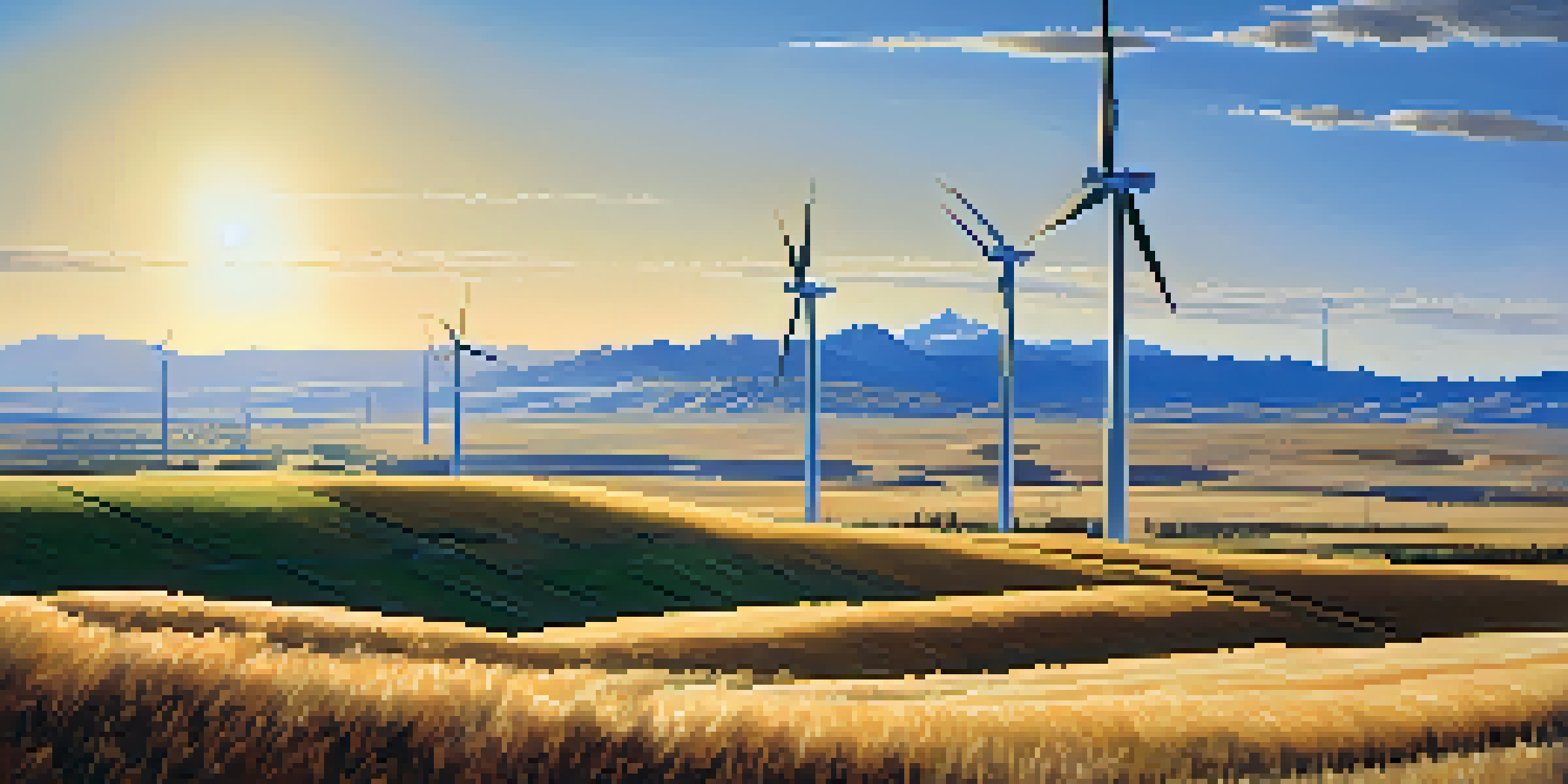 A wide view of Colorado's landscape featuring wind turbines on rolling plains with mountains in the background and a clear blue sky.