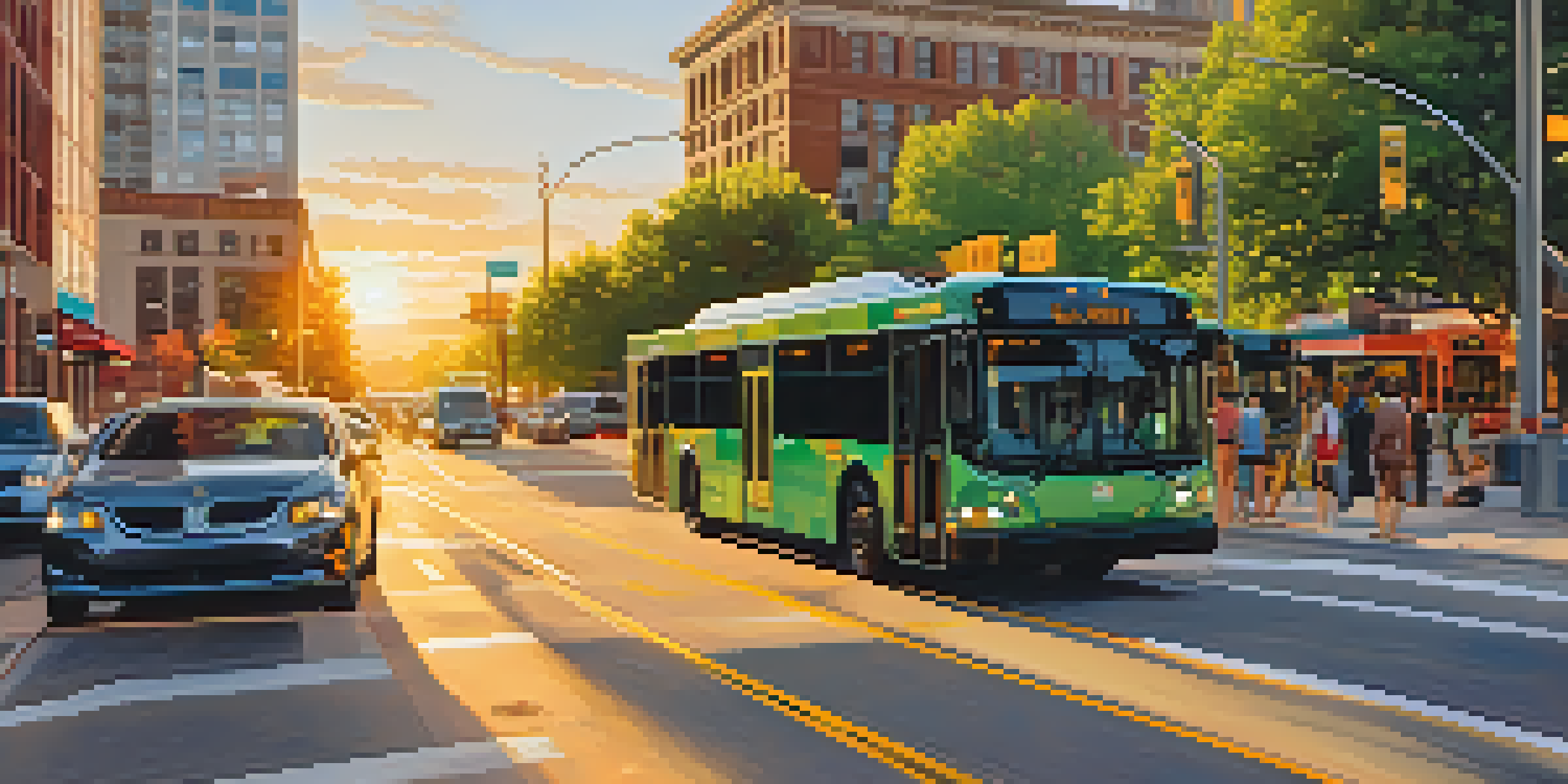 A busy street in Denver with electric buses, smart traffic signals, and people using mobile apps for public transport information during sunset.