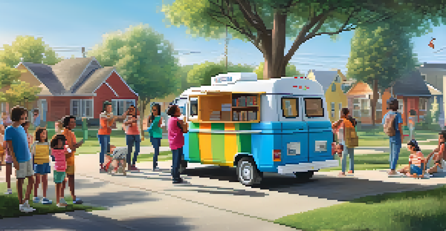 A mobile library van in a neighborhood with people of all ages attending a digital literacy workshop, surrounded by trees and sunshine.