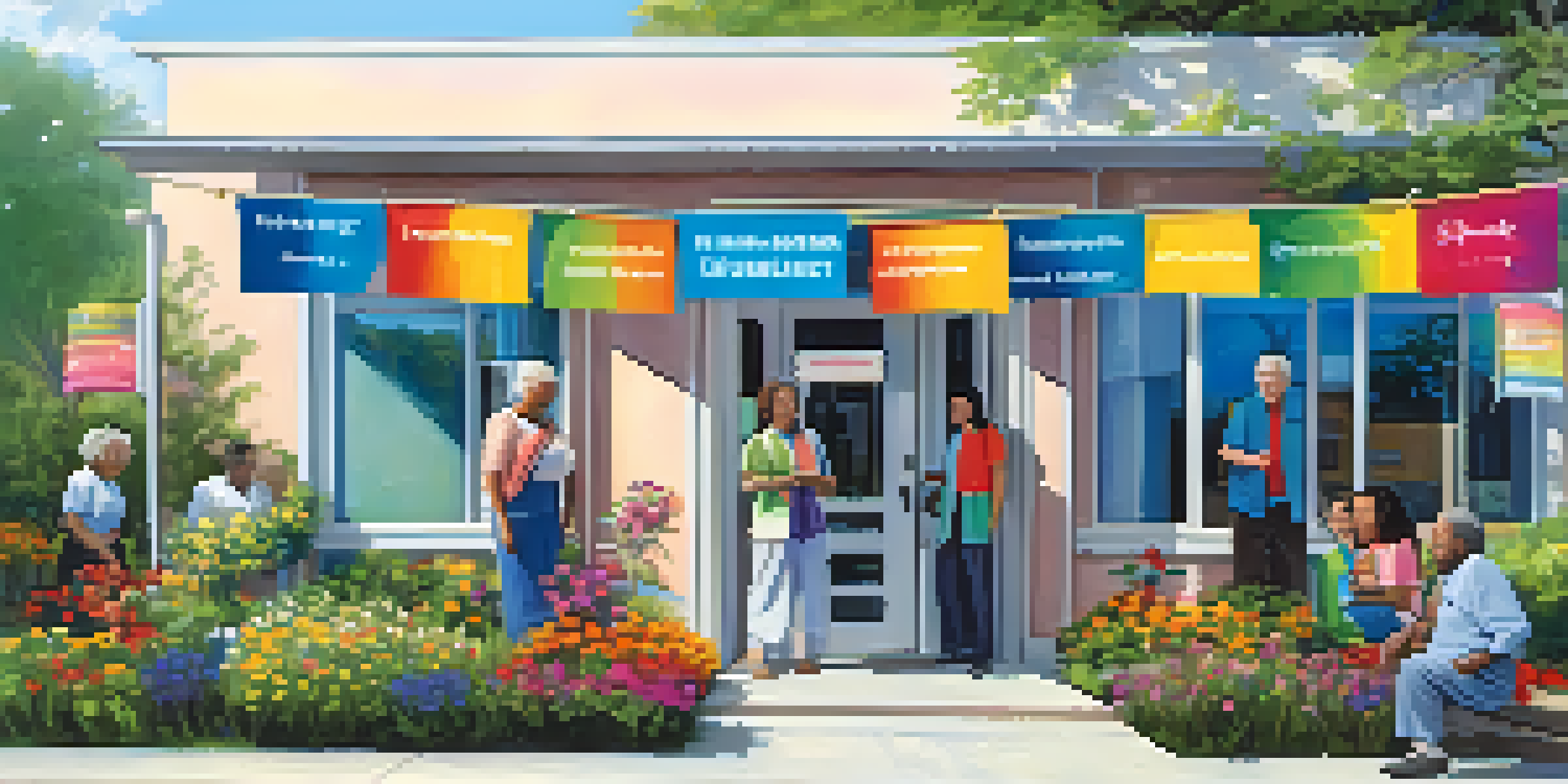 A welcoming community health center with diverse individuals engaging outside, surrounded by greenery.