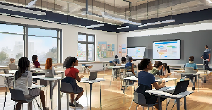 A bright and modern online classroom with diverse students using laptops and tablets, engaged in virtual learning.